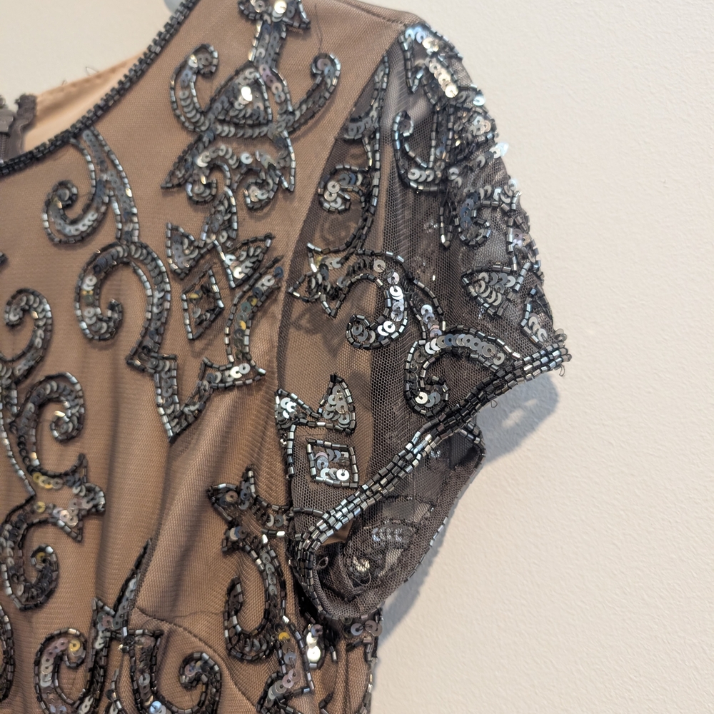 Adrianna Papell Taupe Mesh Midi Silver Sequin Embellishment Dress Size 4 - Picture 3 of 11